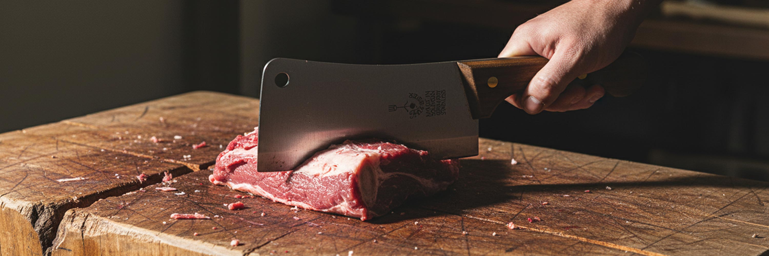 Hand schneidet frisches Stück Fleisch mit robustem Hackmesser auf Holzschneidebrett