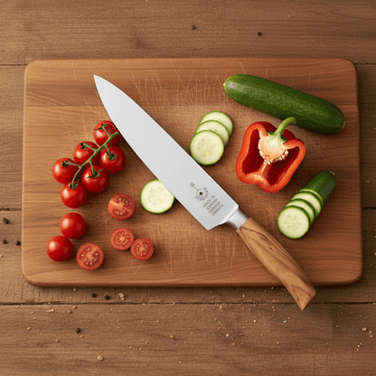 Hochwertiges Solinger Kochmesser mit Edelstahlklinge und Olivenholzgriff, ideal zum Schneiden von Gemüse wie Tomaten, Gurken und Paprika.  
