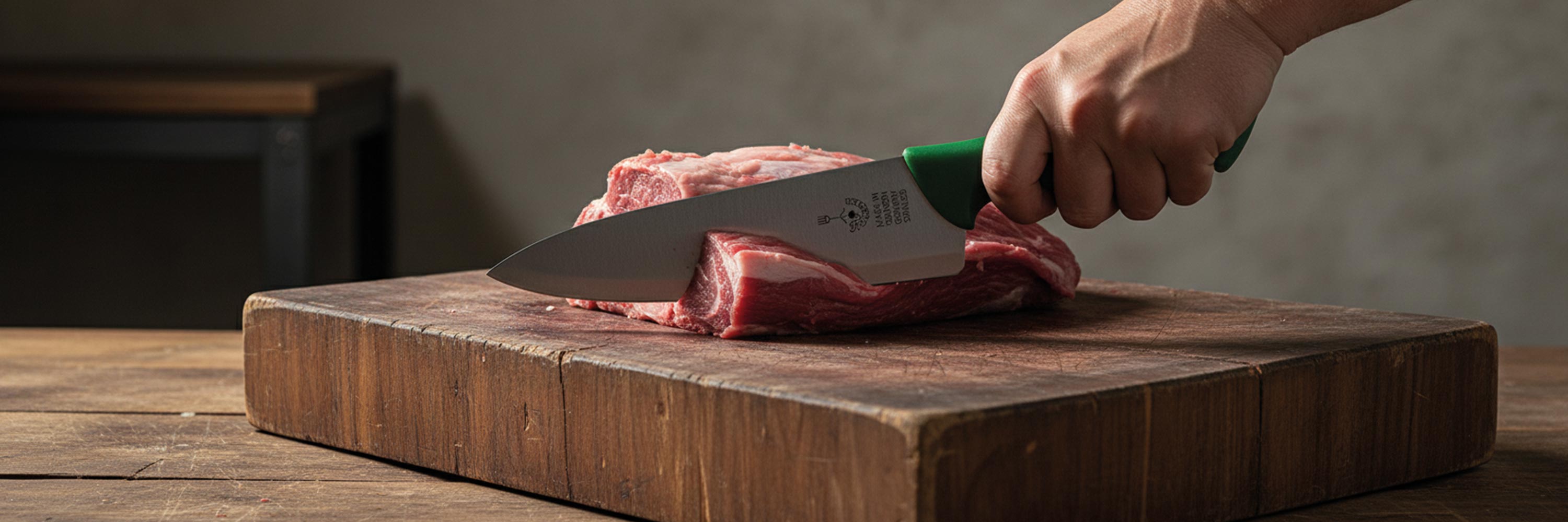 Arbeitsmesser mit grünem Griff schneidet rohes Fleisch auf einem robusten Holzbrett in der Küche